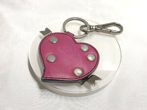 ■【YS-1】 プラダ PRADA キーホルダー ■ リボンハート モチーフ レザー ピンク系 × シルバー系 全長13.5cm 【同梱可能商品】■D