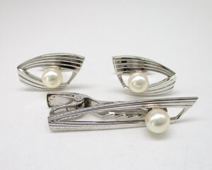 ■MIKIMOTO ミキモト■パール タイピン カフスセット 銀製■2