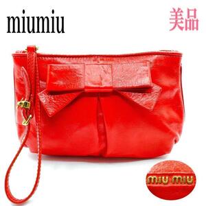 ミュウミュウ miumiu マルチケース ポーチ レザー リボン レッド系