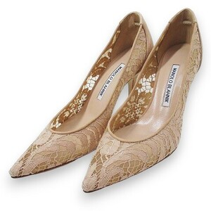 マノロブラニク MANOLO BLAHNIK KIETTALA 90 101068 NUDO LACE パンプス ハイヒール レース 35.5 ベージュ スエード イタリア製 レディー