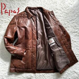 XL LL【定価約40万】Papas パパス ステンカラー レザー ダウンジャケット ラムレザー 羊革 本革 シープスキン 茶 ブラウン メンズ フェザー