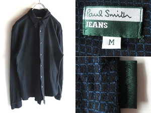 希少 ビンテージ Paul Smith JEANS ポールスミス ジーンズ ロゴピスネーム ストレッチ コットンジャージー チェックシャツ M ネイビー 紺