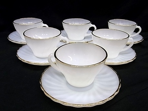 e4131　ファイヤーキング　 OVEN PROOF DINNERWARE BY ANCHOR HOCKING　カップ＆ソーサー　金彩　6客