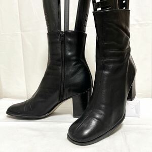 和247★ NINE WEST ナインウエスト レザーブーツ ショートブーツ ヒール サイドジップ 7.5M レディース ブラック