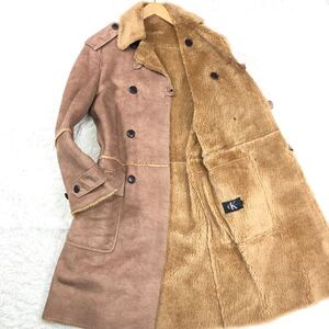 極美品/キャメル/希少L!!◎Calvin Klein【幻の紳士服】カルバンクライン Fムートンコート ロング丈 ファー チェスター ボア メンズ 極暖 