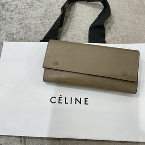 正規品セリーヌ CELINE ラージフラップ マルチファンクション バイカラー カーフレザー 二つ折り長財布 デューン ベージュ レッド