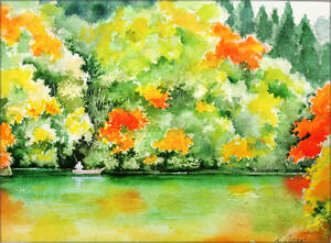 【絵画】「山の湖の釣り」　水彩画