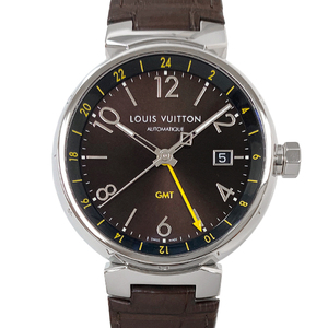 [中古] ルイヴィトン タンブール GMT Q1155 自動巻き ステンレススチール ワニ革 ブラウン文字盤 カレンダー 41mm LOUIS VUITTON LV