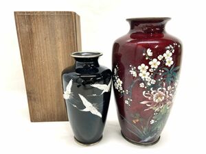 【E945】七宝焼 CLOISONNE 「正」 在銘 花瓶 2点セット 花器 置物 花入 赤 黒 鶴