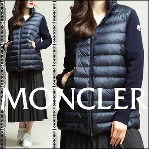 国内正規品■新品/エレガントさが段違い！【MONCLER】モンクレール/ウールニット袖/艶めくジップネイビーハーフダウンコートジャケット/XS