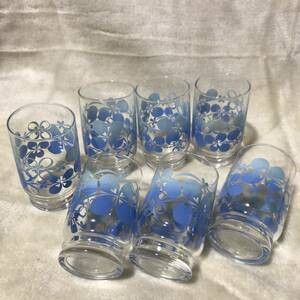 C508 昭和レトロ ガラスコップ 7点 佐々木硝子 ササキガラス フラワープリント ブルー レトロポップ
