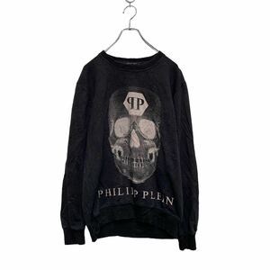 PHILIPP PLEIN プリントスウェット トレーナー L レディース ブラック ラインストーン スカル 裏パイル 古着卸 アメリカ仕入 a606-5529