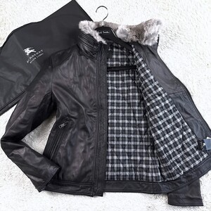 極美品羊革LL!BURBERRY BLACKLABEL最高級ラムレザージャケットラビットファーXXL~XL黒ナッパスキン大きいブラレバーバリーブラックレーベル