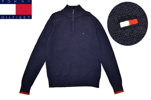 Y-7064★送料無料★美品★TOMMY HILFIGER トミーヒルフィガー★正規品 胸ロゴ刺繍 ネイビー ハーフジップ 長袖 ニット セーター Ｓ