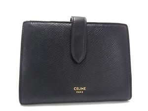 1円 ■美品■ CELINE セリーヌ ミディアムストラップウォレット レザー 二つ折り 財布 ウォレット 小銭入れ 札入れ ブラック系 FH4170