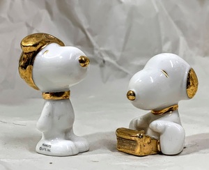 ヴィンテージ レア ピーナッツ スヌーピー SNOOPY 金メッキ磁器フィギュア/フィギュリン UFS Inc.フライングエース/タイプライタ 2点 置物 