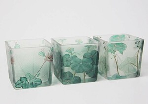 キャンドルホルダー ミニフラワーポット すりガラス風 植物のイラスト 3個セット (和風リーフ)