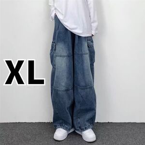 デニム パンツ ジーパン XL ワイドパンツ　シンプル　男女兼用 ストリート ユニセックス カジュアル オールシーズン インディゴ