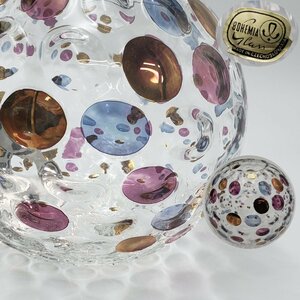 花瓶 ボヘミアンガラス 花器 ガラス製 高さ約17cm 直径約20cm 硝子 ガラス まる 水玉 球体 ボヘミア 箱なし レトロ【80e1997】