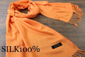 新品【シルク100% SILK】無地 ORANGE オレンジ Plain 大判 ストール