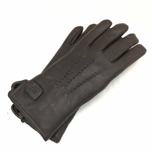 美品 DEERSKIN ディアスキン 本革 レザー グローブ M ダークブラウン ロゴ刻印 裏地ファー 手袋 防寒 鹿革 メンズ 紳士