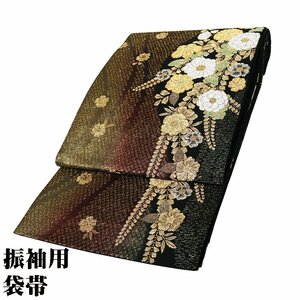 振袖用 袋帯 正絹 黒 赤紫 緑 金 辻が花 Lサイズ F7115 美品 ふくろおび hukuroobi レディース 成人式 ギフト フォーマル 送料込み