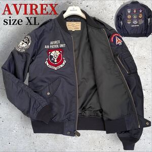 入手困難/XL!!美品 AVIREX アヴィレックス メンズ MA-1フライトジャケット バッグロゴ ワッペン ミリタリー ブルゾン ネイビー 紺 光沢