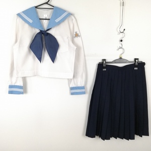 1円 セーラー服 スカート スカーフ 上下3点セット 大きいサイズ 中間服 白3本線 女子 学生服 高知学園 白 制服 中古 ランクC EY9685