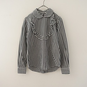 コムデギャルソン COMME des GARCONS *チェックフリルブラウス*XS長袖シャツ綿コットン黒×白ラウンドカラー(4-2403-98)【30D42】