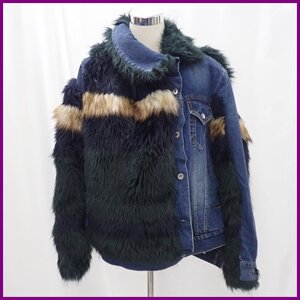 ★Sacai/サカイ ファー×デニムジャケット 1/レディースL相当/インディゴ×ネイビー×ダークグリーン/異素材/日本製/Gジャン&1556500062