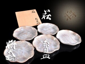 【雲】某名家収蔵品 吉賀将夫造 萩 糸目皿 銘々皿 5客 18.3×18×2.8cm 共箱 古美術品(懐石料理道具)AY3479 CTDvnhbc