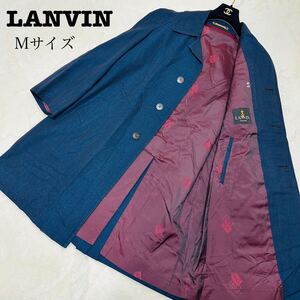 LANVIN Mサイズ チェスターコート　総柄裏地　ネイビー　ブルー　レッド ステンカラーコート アウター ビジネス ウール　メンズ　