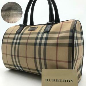 美品●BURBERRY バーバリー ハンドバッグ トート ミニボストン ノバチェック PVC レザー ベージュ系 ビジネス メンズ レディース