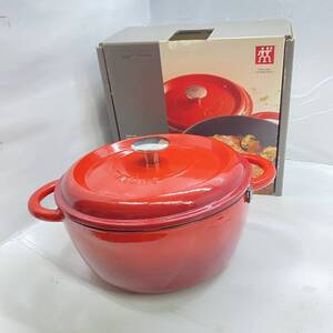 送料無料g29866 ストウブ STAUB ココットラウンド レッド 24cm 鋳鉄 ホーロー鍋 両手鍋 共箱 取扱説明書付き 