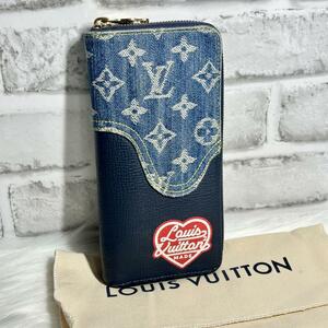 美品 ルイヴィトン NIGO モノグラム ヴェルティカル ジッピーウォレット 青 デニム LOUIS VUITTON 長財布 M81107