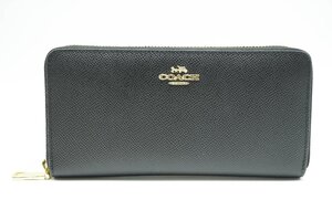 １円～【未使用品】COACH コーチ F52372 レザー ロゴ金具付 ラウンドファスナー ロングウォレット 長財布 ブラック ゴールド金具