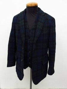 y8905 美品 EDIFICE Lelegance × Harris Tweed ジャケット/ベスト　2Pセット 46サイズ グリーン系 背抜き　エディフィス ハリスツイード