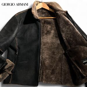 超高級美品/XL ●GIORGIO ARMANI ジョルジオアルマーニ リアル ムートン ジャケット ブルゾン アウター ボア ラムレザー 羊革 50 ブラック