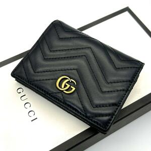 極美品◆GUCCI グッチ 二つ折り財布 マーモント GGマーモント GG柄 ゴールド金具 キルティング レザー ブラック