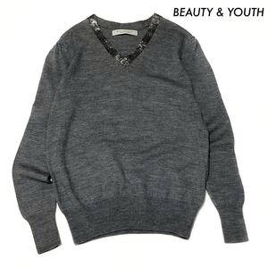 【送料無料】BEAUTY & YOUTH★スパンコールVネック 長袖ニット グレー ユナイテッドアローズ