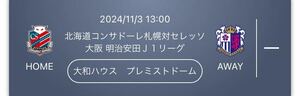 11/3(日) 2枚セット　コンサドーレ札幌 vs セレッソ大阪　カテゴリー1 チケット①