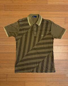 FRED PERRY／フレッドペリー 半袖ポロシャツ カーキ ストライプ　メンズJP：L／100% COTTON 着丈：71cm／身幅：51cm