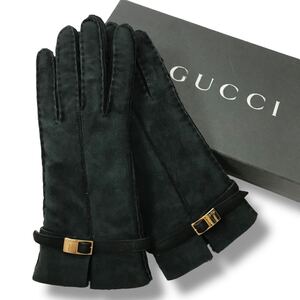 u134 良品 GUCCI グッチ レザーグローブ 革手袋 ブラック 本革 ムートン ベルトデザイン サイズ7 レディース イタリア製 正規品 Vintage 