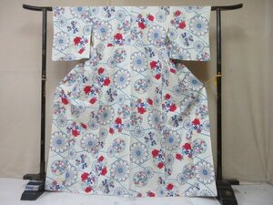 1円 良品 化繊 着物 小紋 洗える 和装 和服 花丸 草花 白 おしゃれ 高級 袷 身丈159cm 裄65cm【夢職】★★★