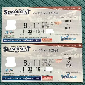 8月11日(祝日)13:30試合開始 中日 vs 巨人 内野席　連番2枚　バンテリンドーム 