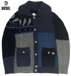 定価￥34,560 即決 美品 DIESEL ディーゼル クレイジーパターン ミリタリー 迷彩ボタン ニットジャケット カーディガン L 正規品 メンズ