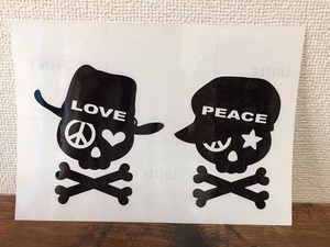 ■□ LOVE ＆ PEACE □■ HAT スカル ドクロ カッティング ステッカーラブ アンド ＆ ピース シール デコ ブラック