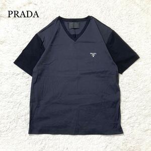 【未使用級】PRADA Tシャツ 半袖 切替 ロゴ ワンポイント ブラック XL