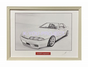 日産 NISSAN スカイライン R32 GTS-T タイプM【鉛筆画】名車 旧車 イラスト A4サイズ 額付き サイン入り