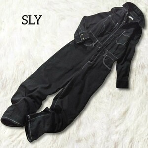 45 【SLY】 スライ つなぎ オールインワン サロペット ボトムス パンツ 0 S 黒 ブラック ホワイトステッチ 長袖 秋冬 シンプル 無地 